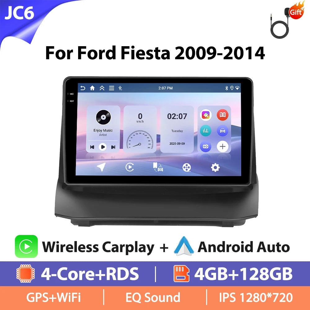 Autoradio Hikity 9 pouces 4G pour Ford Fiesta 2009-2014, lecteur multimédia vidéo, Carplay, Android Auto, 8 cœurs, WIFI, 4G, GPS, Mirrorlink, BT