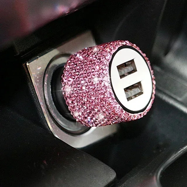 Chargeur de voiture USB rose cristal diamant 5V 2,1 a, double Port, adaptateur de charge rapide, câble 3 en 1 pour IPhone Samsung Huawei