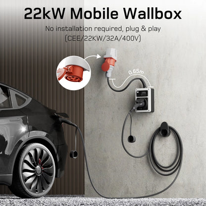 dé 22kW Wallbox mobile pour véhicule électrique, prise rouge CEE vers prise de type 2, station de charge pour véhicule électrique triphasé, 32A