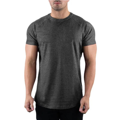 T-shirt de gymnastique uni pour hommes, vêtements de Fitness d'été, col rond, manches courtes, en coton, Slim Fit, musculation, entraînement