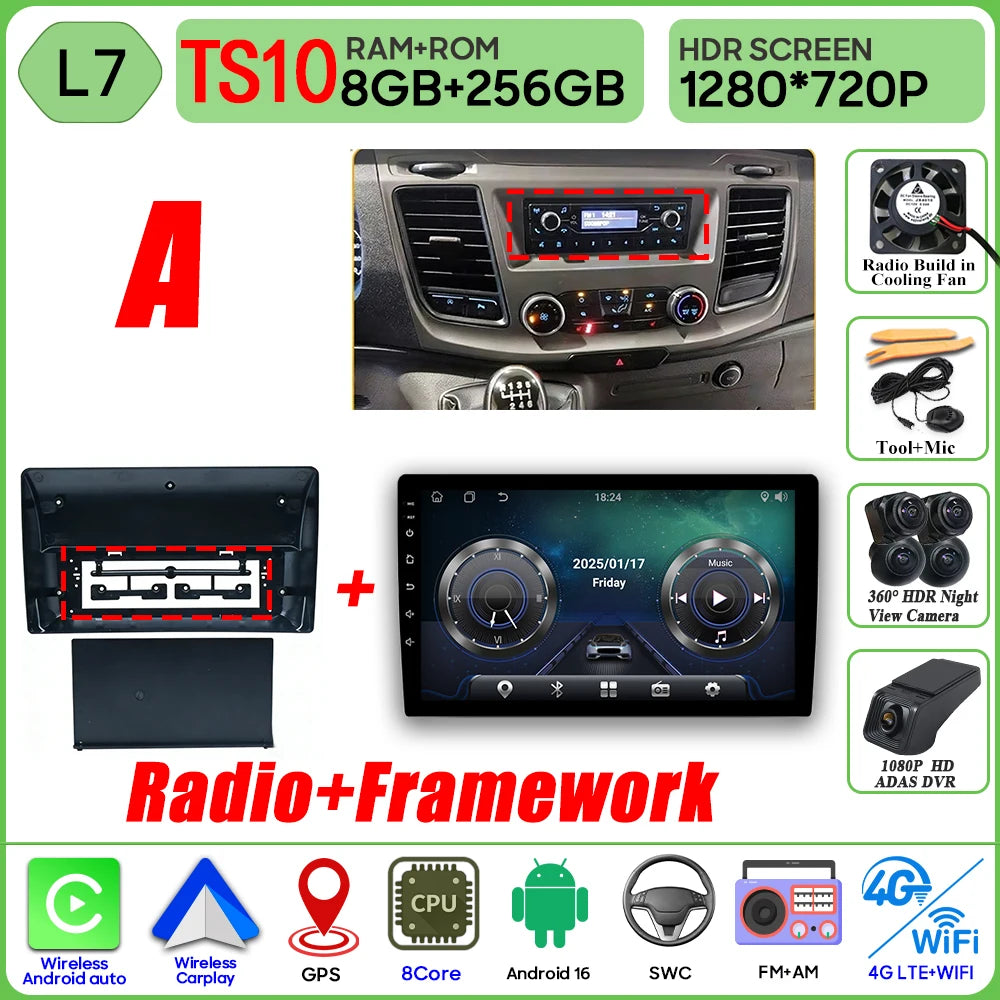 Autoradio Android 16 pour Ford Transit personnalisé Transit V363 350 lecteur multimédia Carplay Navigation GPS 4G Wifi vidéo stéréo 2din
