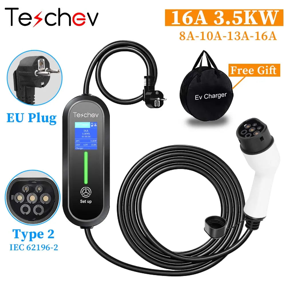 Teschev chargeur EV Portable Type 2 3.5KW 16A 1P chargeur de voiture électrique courant réglable et temps de réglage pour voiture électrique IEC 6219-2