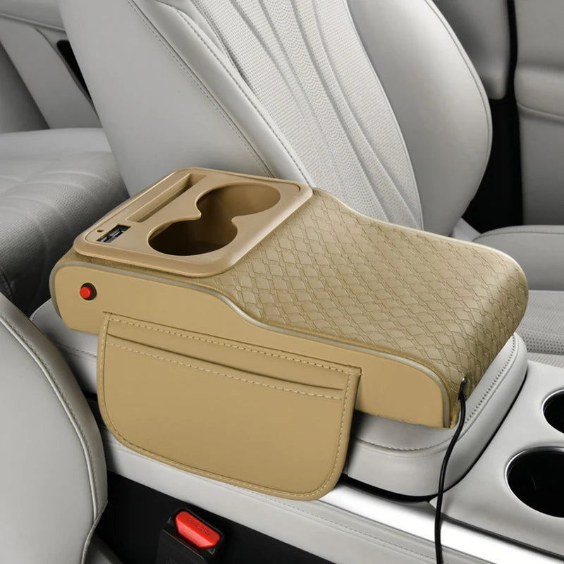 Boîte de rangement multifonctionnelle 10-en-1 pour accoudoir de voiture, avec coussin rehausseur sportif supérieur, port de charge USB et lampe d'ambiance étoilée