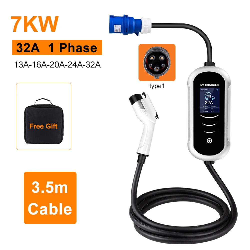 IPENGEN Portable EV chargeur Wallbox Type2 câble 32A 7KW prise CEE EVSE Type1 boîte de charge j1772 adaptateur pour voiture de véhicule électrique