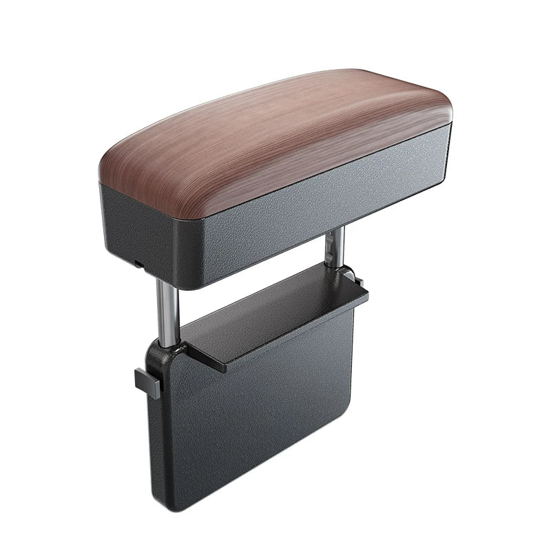 Accoudoir de siège auto - Boîte de rangement réglable pour voiture, en cuir PU motif bois, avec plaque de fixation ABS et piliers de support métalliques