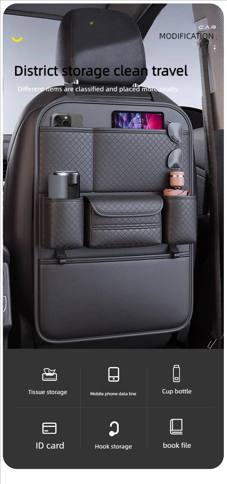 Organisateur de dossier de siège de voiture multifonctionnel, sac de rangement de siège arrière multi-poches de grande capacité, tapis Anti-coup résistant à l'usure