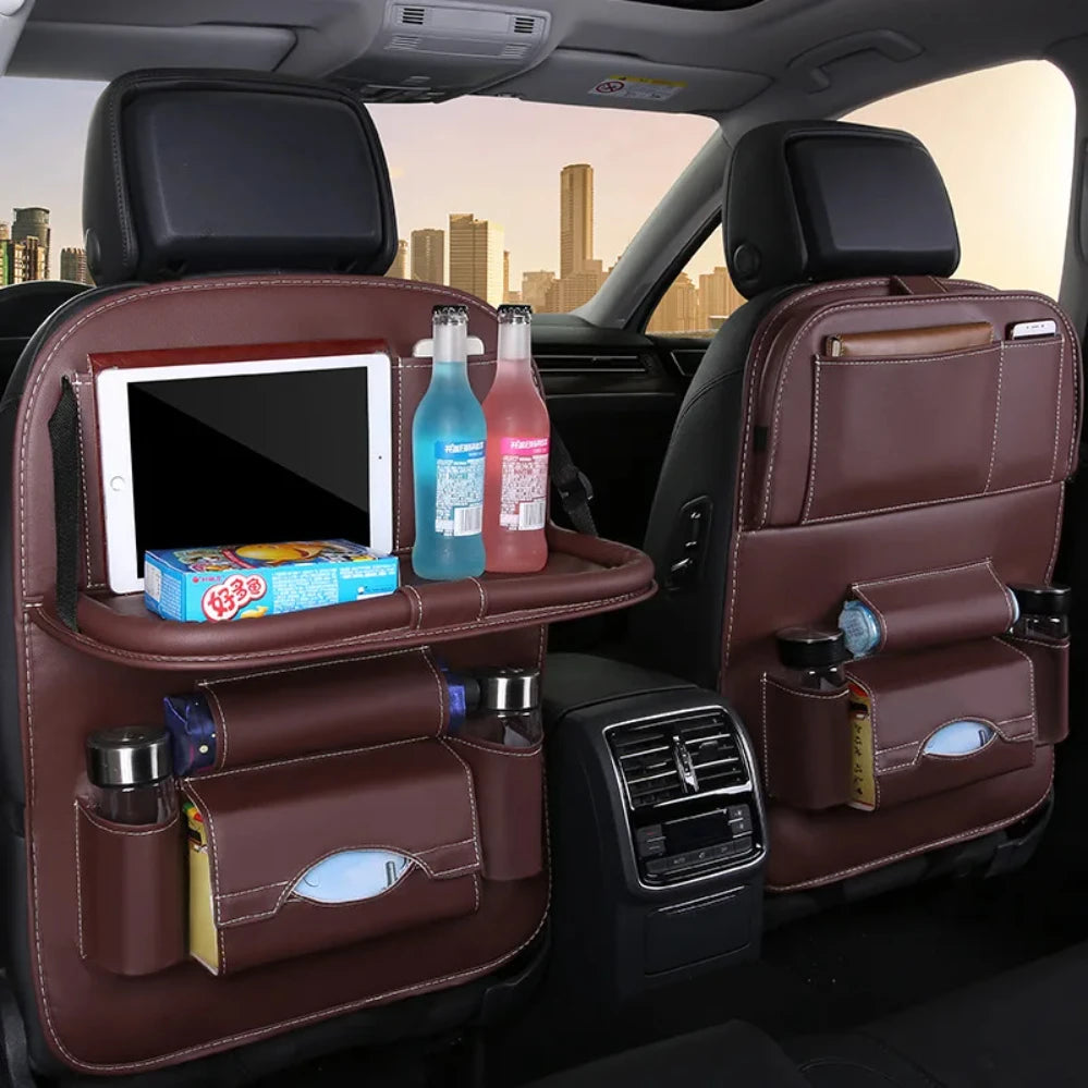 Organisateur de dossier de siège de voiture avec plateau de Table pliable, organisateur de rangement en cuir PU, poches, tapis de coup de pied, accessoires d'intérieur de siège