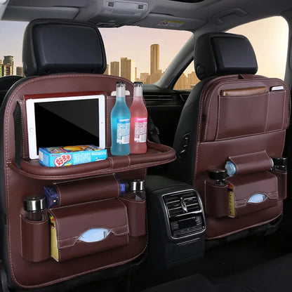 Organisateur de dossier de siège de voiture avec plateau de Table pliable, organisateur de rangement en cuir PU, poches, tapis de coup de pied, accessoires d'intérieur de siège
