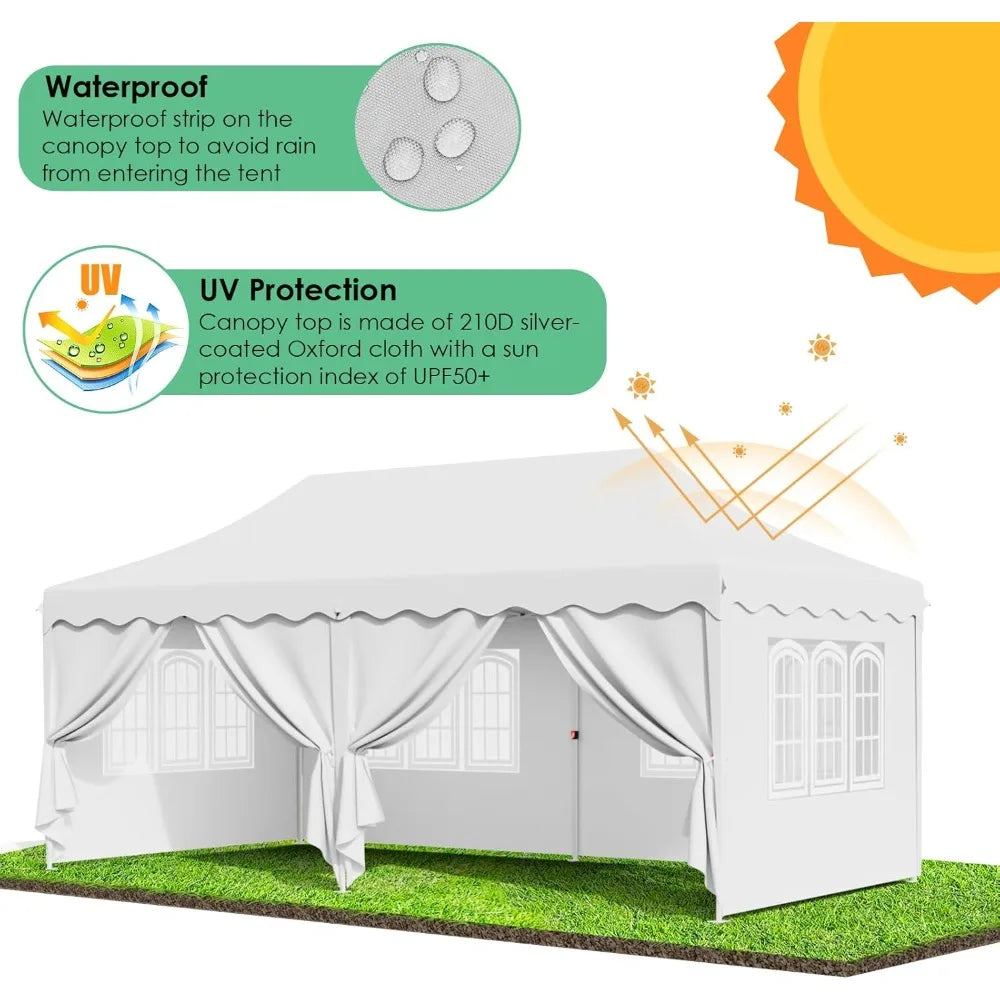 Auvent Pop up de 10 × 20 pieds, grand abri de tente instantanée commerciale pour mariage, abri solaire facile pour fête avec fenêtres et murs latéraux, transport B
