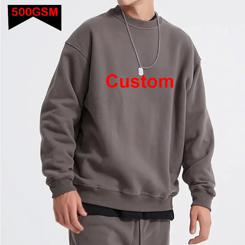 Bricolage Logo personnalisé 500GSM poids lourd hommes sweats à capuche nouveau automne hiver épais coton hommes haut couleur unie sweat à capuche pull