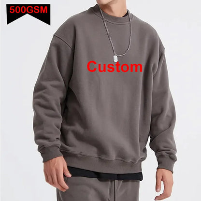 Bricolage Logo personnalisé 500GSM poids lourd hommes sweats à capuche nouveau automne hiver épais coton hommes haut couleur unie sweat à capuche pull