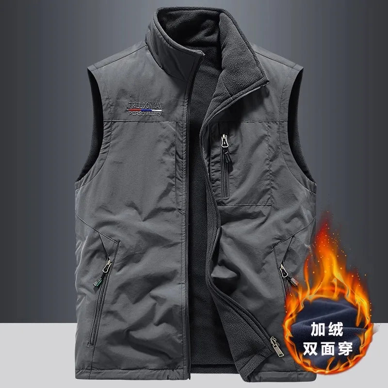 Gilet de sport d'extérieur en polaire épaisse pour homme, réversible, décontracté, coupe ample, fermeture éclair, couleur unie, automne-hiver