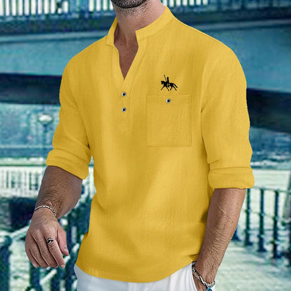 Chemises légères pour hommes, manches longues, en coton et lin, Henley, pour la plage, hawaïen, col en v, polo respirant