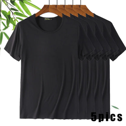 T-Shirt en Fibre de Bambou pour Homme, Confortable, Respirant, Col Ras du Cou, Slim, Manches Courtes, Solide, Décontracté, Été, Lot de 5
