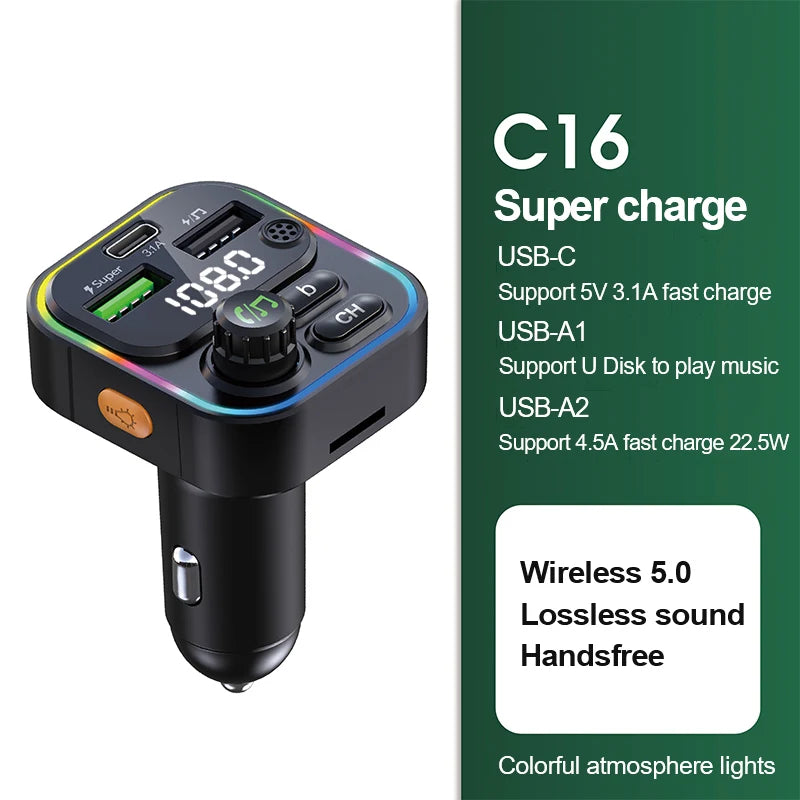 Transmetteur FM Bluetooth 5.0, modulateur d'autoradio mains libres, lecteur MP3 avec adaptateur de Charge USB Super rapide 22.5W pour voiture
