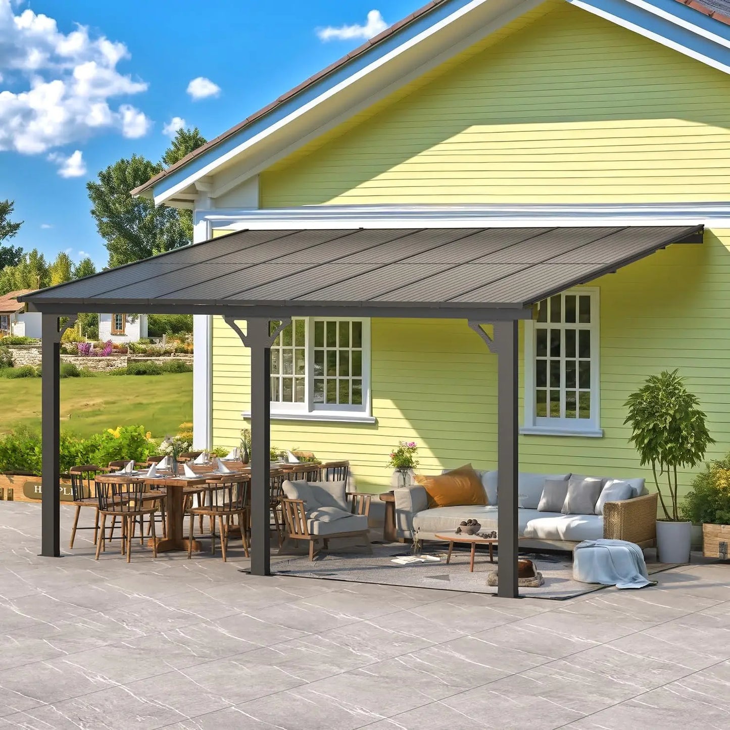 Pergola d'extérieur inclinable réglable en hauteur 10' x 14' pour patio, abri en métal robuste avec auvents métalliques