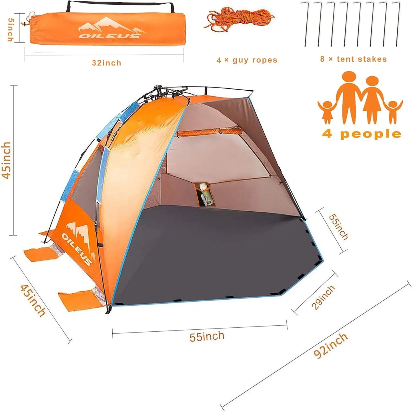 Tente de plage extra large pour 4 personnes - Abri solaire portable avec sac de transport, piquets et poches à sable pour le camping, la randonnée et la pêche