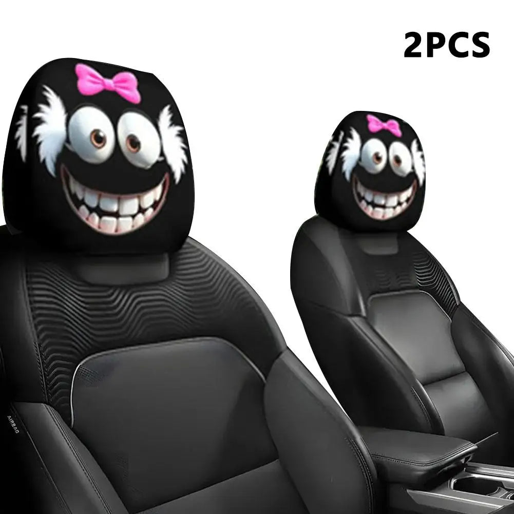 Housse d'appui-tête de voiture d'halloween, 2 pièces, imprimé tête de mort noire et conception d'expression drôle, protection de siège automobile extensible pour décoration effrayante