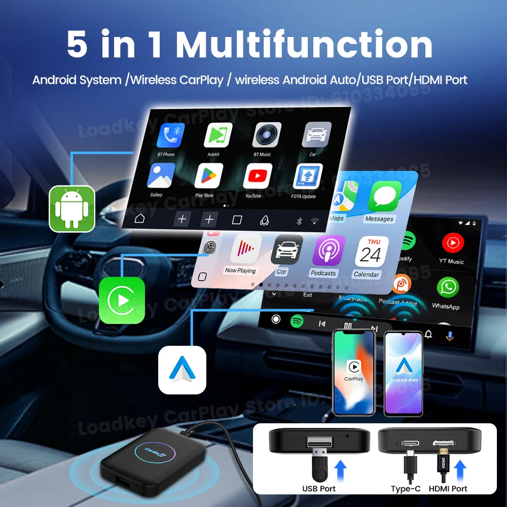2026 CarlinKit HDMI Android Ai Box sans fil Carplay Android Auto pour Youtube Netflix IPTV 5 en 1 WIFI 5GHZ USB A Plug And Play