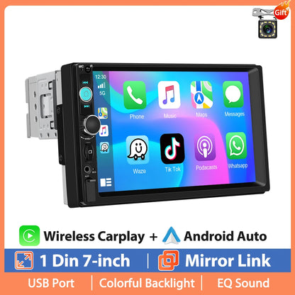 Lecteur multimédia MP5 Hikity universel 7 pouces 1 Din avec Carplay, prise en charge de Mnirrorlink, effets sonores EQ, BT, FM, USB, carte SD, autoradio