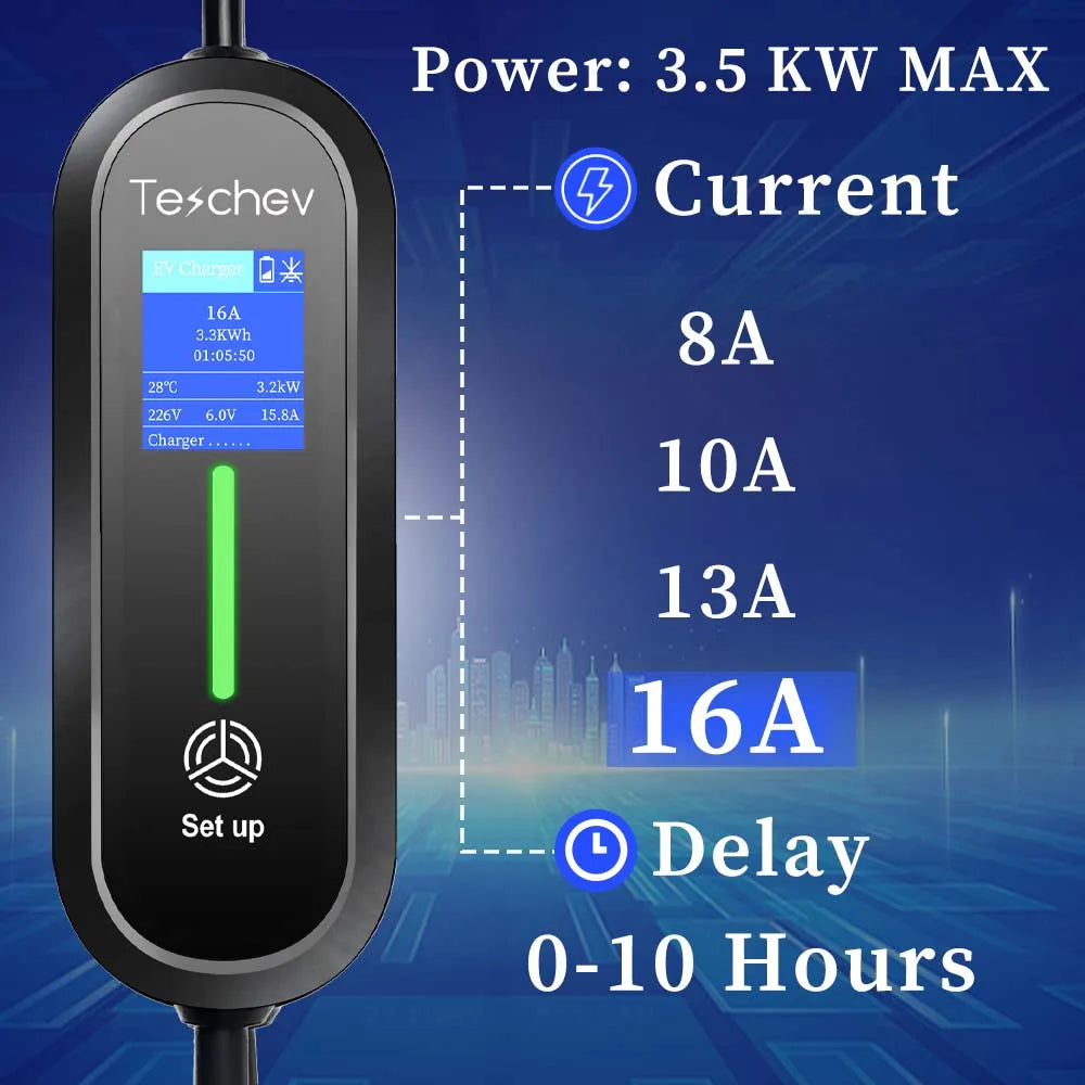 Teschev-Chargeur EV Portable pour Voiture Électrique, Boîtier de Charge EVSE Type 2, Niveau 2, J1772 Vope1, 3,5 KW, 16A