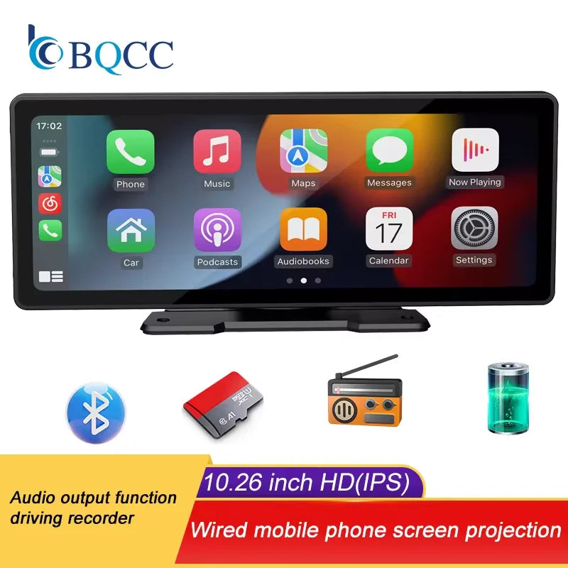 BQCC-Écran Carplay sans fil portable, caméra de recul arrière HD, autoradio DVR, lecteur vidéo MP5, Android Auto, 10.26 pouces