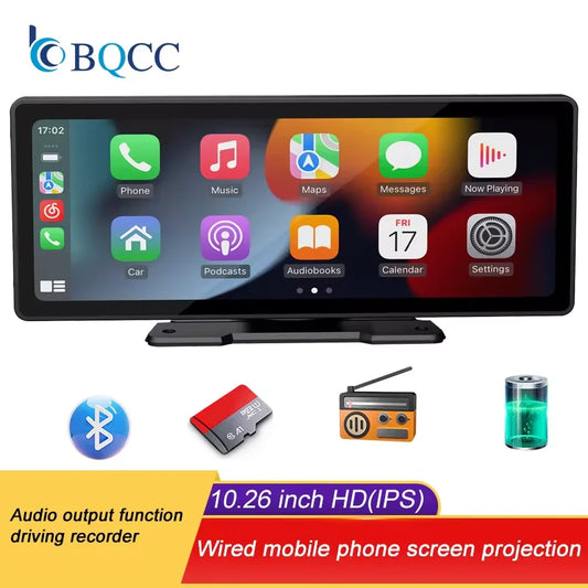 BQCC-Écran Carplay sans fil portable, caméra de recul arrière HD, autoradio DVR, lecteur vidéo MP5, Android Auto, 10.26 pouces