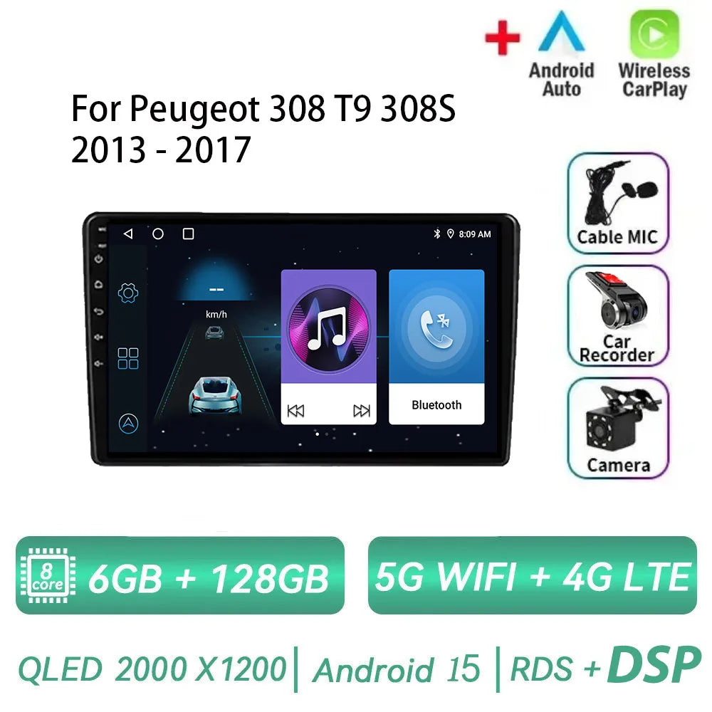 Android 15 pour Peugeot 308 T9 308S 2013 - 2017 Auto stéréo autoradio lecteur multimédia Navigation GPS 4G WIFI sans fil Carplay