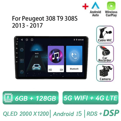 Android 15 pour Peugeot 308 T9 308S 2013 - 2017 Auto stéréo autoradio lecteur multimédia Navigation GPS 4G WIFI sans fil Carplay