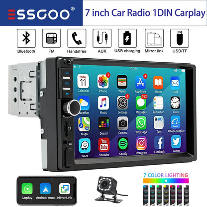ESSGOO Carplay Android Auto 1 DIN 7 "Radio de voiture universelle BT TF EQ USB AUX TF USB HD lecteur multimédia à écran tactile avec 7 couleurs