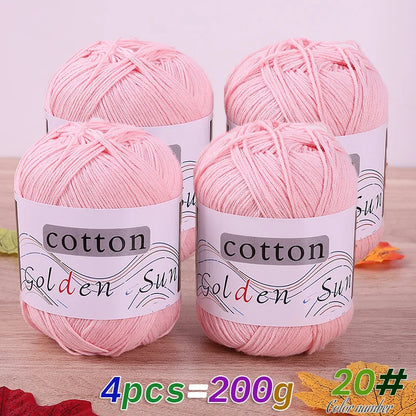 200 g de fil de coton pur 100 %, fil au crochet moyen-fin, fait à la main pour tricoter des pulls, des gilets, des chapeaux et des petites couvertures. Fil de coton moyen-fin, 1 pièce = 4 pièces = 200 grammes