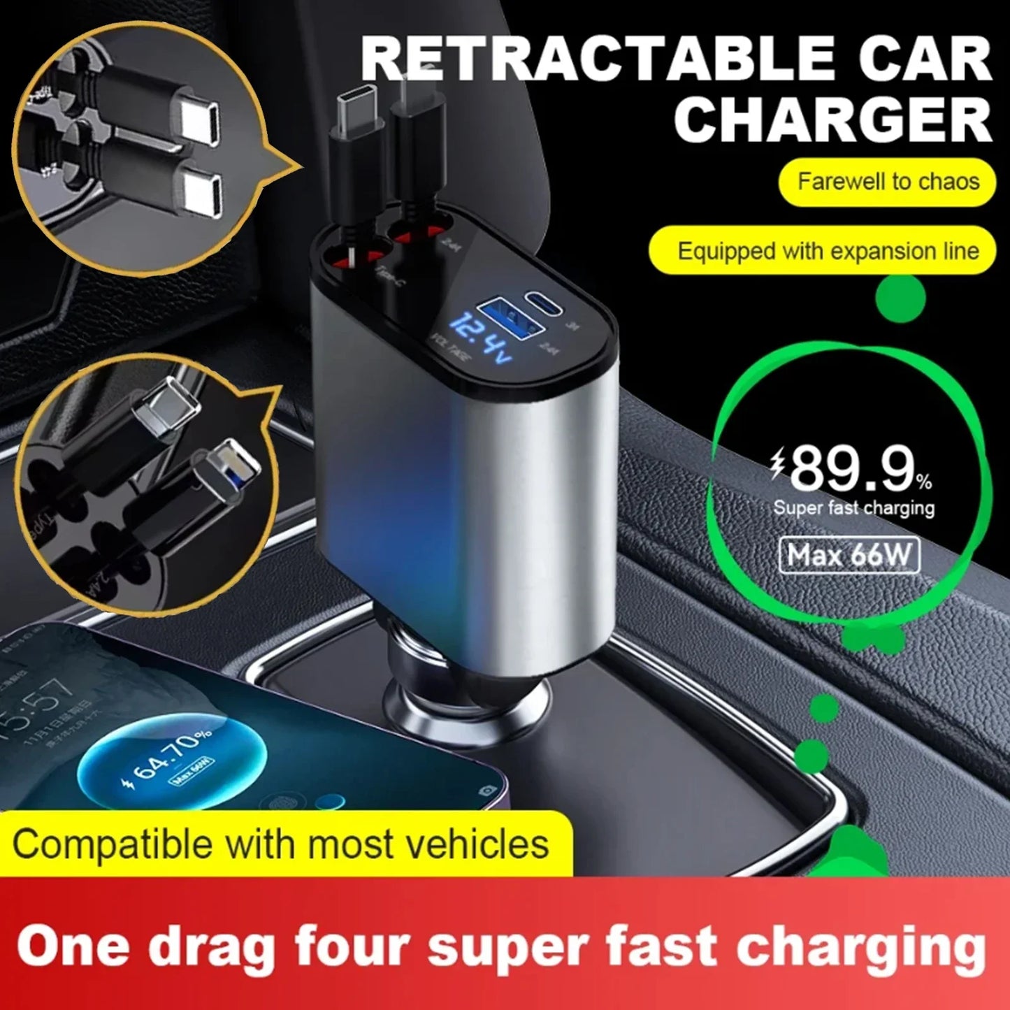 Chargeur de voiture rétractable 120W 4/5 en 1, câble USB C pour IPhone Huawei Samsung, cordon de Charge rapide, adaptateur allume-cigare PD QC3.0