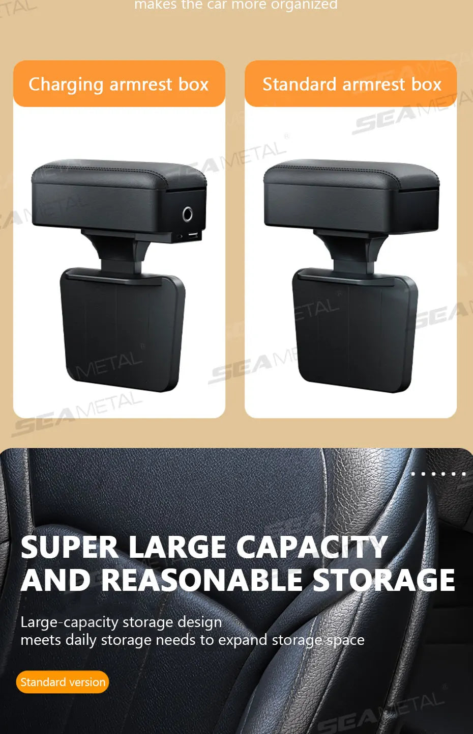 SEAMETAL-Boîte de rangement pour bras de voiture réglable, support de coude, boîte de console centrale avec porte-gobelet GNE, évaluation de charge recommandée
