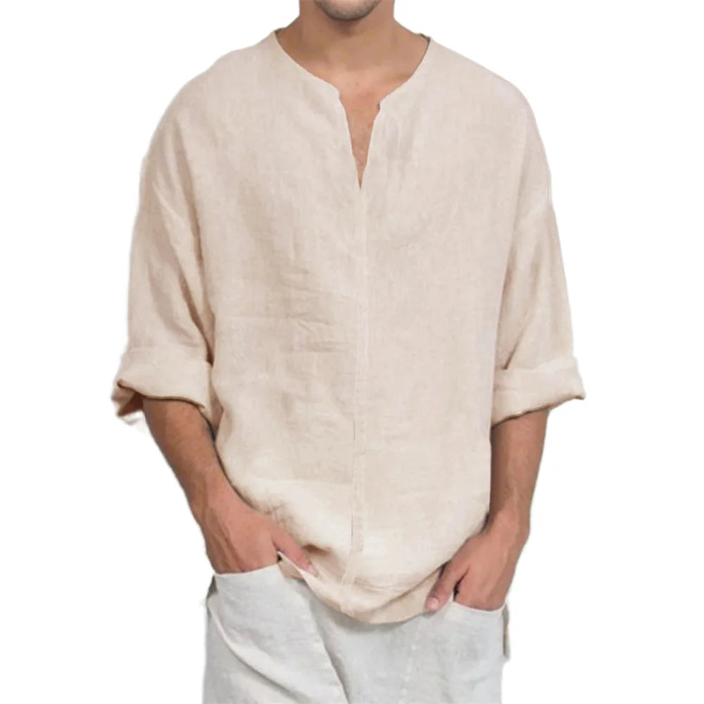 T-shirt à manches longues et col en v pour hommes, en coton et lin, décontracté, couleur unie, léger, respirant, confortable, à la mode