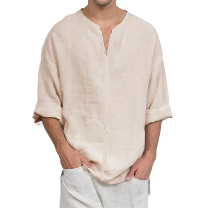 T-shirt à manches longues et col en v pour hommes, en coton et lin, décontracté, couleur unie, léger, respirant, confortable, à la mode