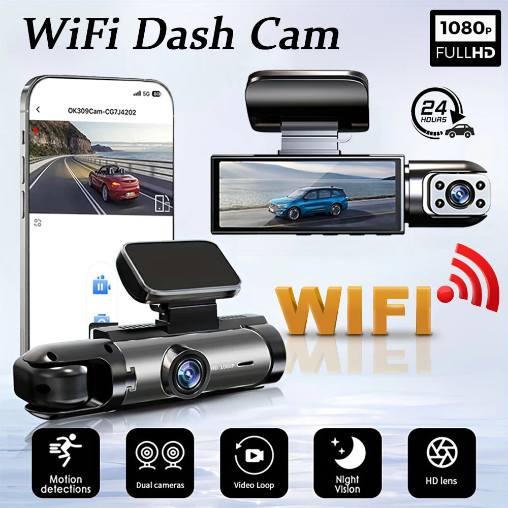 Caméra de tableau de bord pour touristes, caméra de voiture, avant et intérieur, vision nocturne IR, boucle statique, grand angle, DVR, WiFi, 1080P