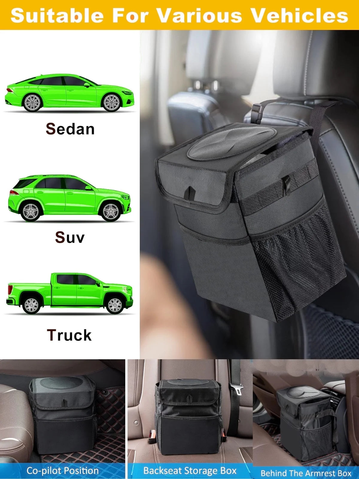 Poubelle de voiture avec couvercle-poubelle étanche, poubelle de voiture, organisateur de camion automobile pliable et sac de rangement, accessoire de voiture