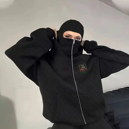 Sweat-shirt à capuche avec fermeture éclair Double capuche pour homme et femme, personnalisé, imprimé de personnalité, manches longues, fermeture éclair, masque Ninja, veste