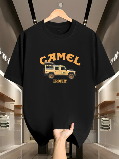 Haut d'été à manches courtes et col rond pour hommes, ample et décontracté, motif rétro Camel et Sahara désert imprimé