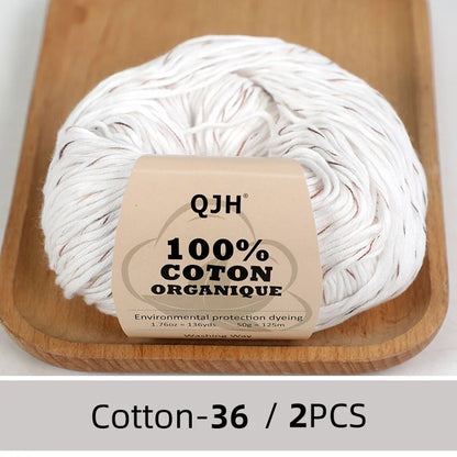 QJH Fil 100% coton biologique, fil pour tricoter, crochet et artisanat, paquet de 2 - 1,76 oz/136 mètres/1 pièce, léger, Dk