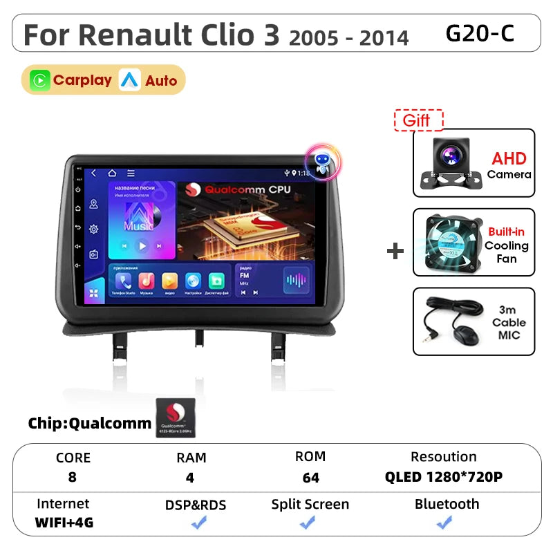 Srnubi CarPlay autoradio lecteur multimédia pour Renault Clio 3 2005 2006 2007 2008 2009 2010-2014 Android Auto GPS 2din autoradio