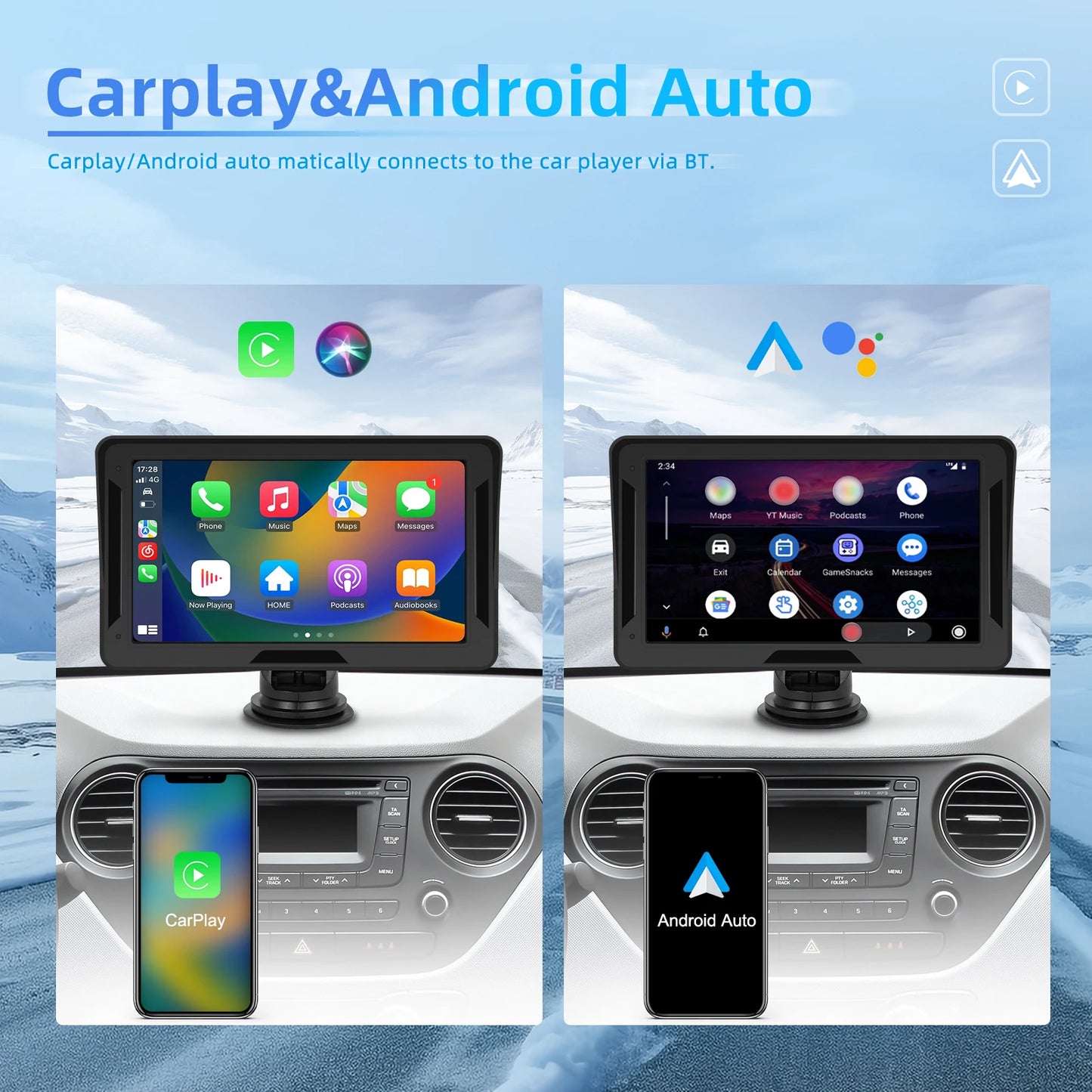 Podofo 7 "portable sans fil Carplay Android Auto écran HD caméra de recul arrière autoradio DVR lecteur vidéo multimédia USB AUX