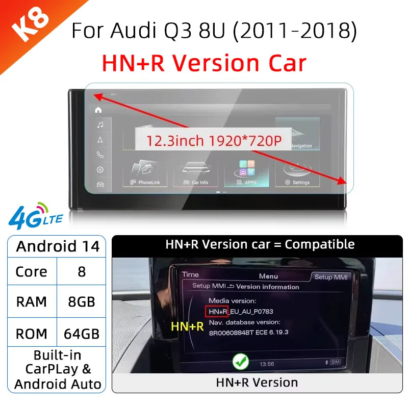 Android 14 sans fil CarPlay pour Audi Q3 8U 2011-2018 écran tactile Navigation WiFi DSP multimédia lecteur Radio accessoires