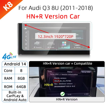 Android 14 sans fil CarPlay pour Audi Q3 8U 2011-2018 écran tactile Navigation WiFi DSP multimédia lecteur Radio accessoires