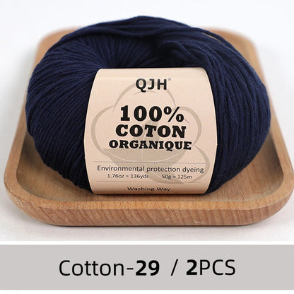 QJH Fil 100% coton biologique, fil pour tricoter, crochet et artisanat, paquet de 2 - 1,76 oz/136 mètres/1 pièce, léger, Dk