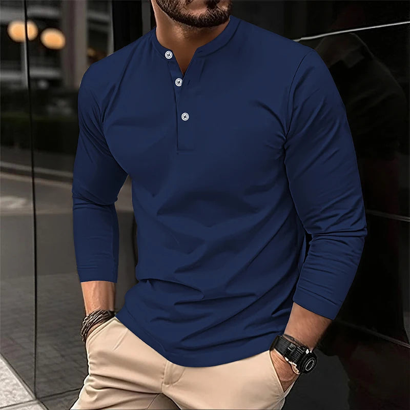 تي شيرت بولو رجالي صيفي 2025 بأكمام طويلة وياقة هنري، كاجوال ومسامي ومريح، تي شيرت بولو سادة عالي الجودة للرجال، شحن مباشر