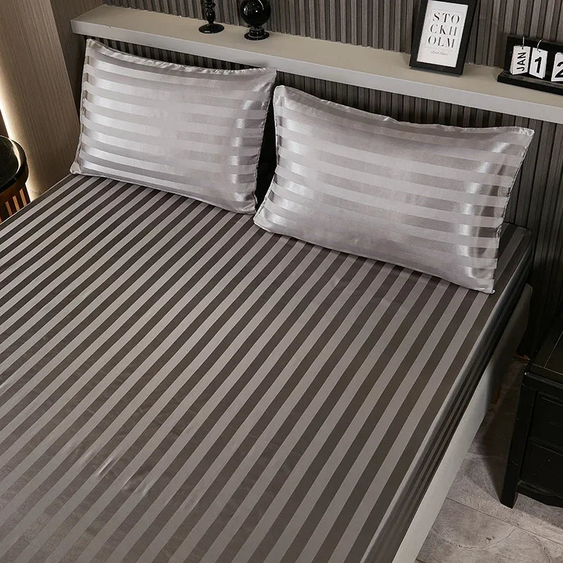 Satin-injFitted-طقم ملاءات سرير كوين، رمادي، ناعم، مبرد، جيب عميق، أطقم مفروشات، مخطط، سادة، غطاء مرتبة
