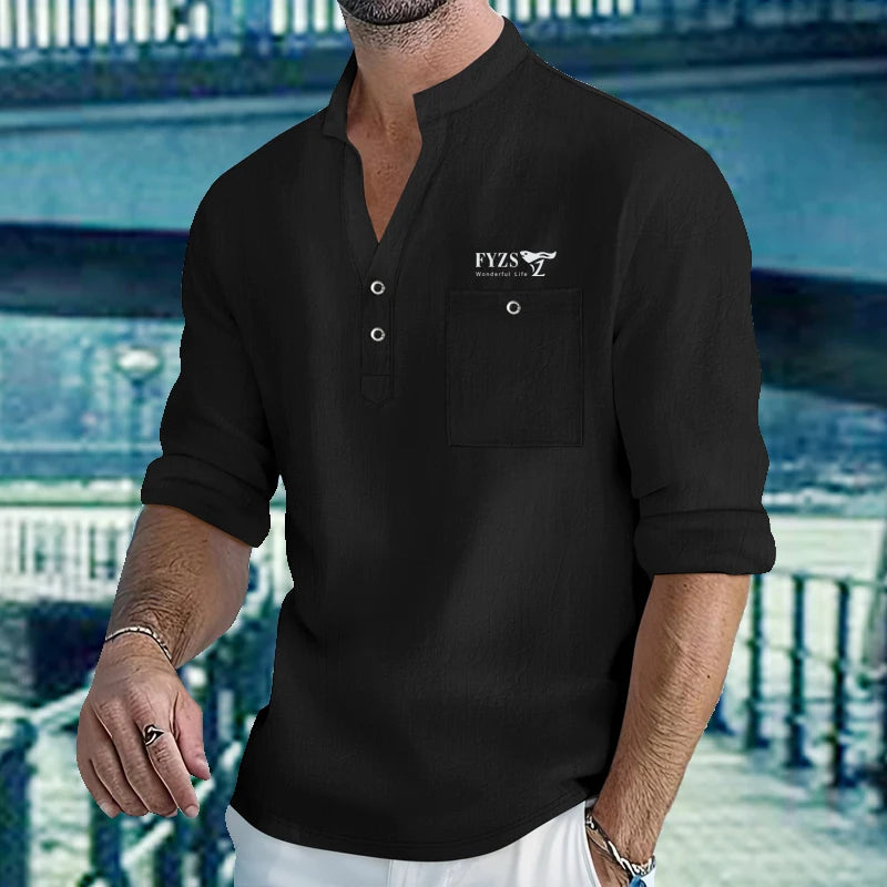 Chemises légères pour hommes, manches longues, en coton et lin, Henley, pour la plage, hawaïen, col en v, polo respirant