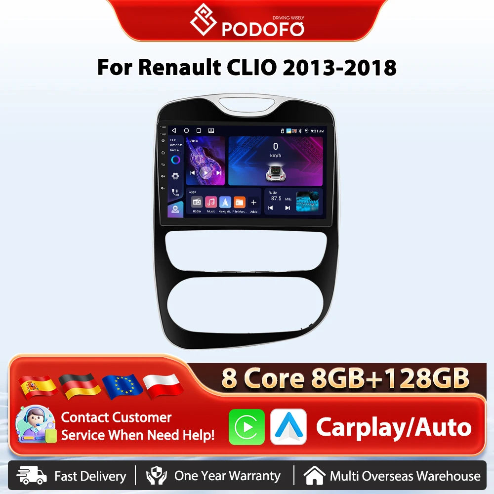 Podofo Android 4G WIFI lecteur multimédia de voiture pour Renault Clio 2012-2016 Clio 4 2016-2019 Carplay GPS écran tactile autoradio RDS