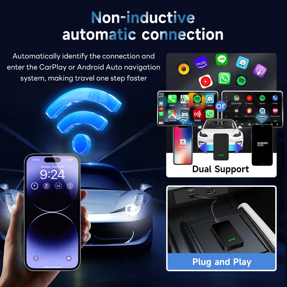 CarlinKit 2026 2Air Wireless Android Auto Box, Dongle CarPlay sans fil portable pour autoradio avec CarPlay filaire, Android Auto, 5.0